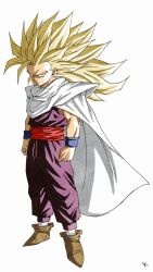  1boy blonde_hair boots brown_boots cape dragon_ball dragon_ball_z full_body green_eyes highres jumpsuit kakeru_(dbskakeru) long_hair looking_at_viewer purple_jumpsuit simple_background solo son_gohan spiky_hair super_saiyan super_saiyan_3 toriyama_akira_(style) white_background white_cape 
