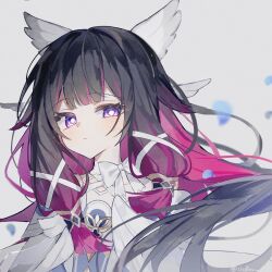  1girl bow bowtie closed_mouth columbina_(genshin_impact) commentary_request dress floating_hair genshin_impact glowing glowing_eyes hair_ornament highres light_blush long_hair long_sidelocks looking_at_viewer multicolored_hair petals ribbon shiromu_(sir0mu) sidelocks solo streaked_hair two-tone_hair upper_body white_dress white_headdress wing_hair_ornament wings 