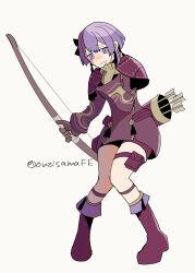  1girl arrow_(projectile) bernadetta_von_varley bernadetta_von_varley_(timeskip) boots bow_(weapon) breasts brown_gloves commentary_request dress fire_emblem fire_emblem:_three_houses full_body gloves hand_up holding holding_bow_(weapon) holding_weapon looking_at_viewer nervous ouzisamafe pouch purple_boots purple_dress purple_hair quiver shoulder_pads small_breasts solo standing tearing_up thigh_pouch thighs twitter_username violet_eyes wavy_mouth weapon 