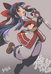  1girl ainu_clothes arm_guards artist_name black_hair blunt_bangs bow brown_eyes brown_shoes commentary_request copyright_name full_body grey_background hair_bow hairband hands_up holding holding_knife knife long_hair looking_at_viewer looking_to_the_side nakoruru open_mouth pants red_bow red_hairband samurai_spirits sash shisui shoes sidelocks solo white_pants yellow_sash 