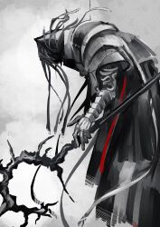  1other arknights armor bent_over black_robe covered_face floating from_side full_body grey_background grey_robe highres holding holding_staff karaage-senpai nezzsalem_(arknights) pauldrons robe shoulder_armor smoke solo staff vambraces 