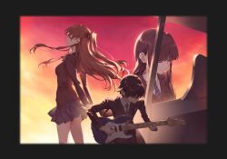  1boy 2girls absurdres black_hair brown_hair cheese_kang gradient_background guitar highres holding holding_guitar holding_instrument houjou_high_school_uniform instrument kitahara_haruki light_smile long_hair multiple_girls ogiso_setsuna piano playing_instrument playing_piano school_uniform singing sunset touma_kazusa white_album_(series) white_album_2 