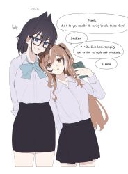  2girls black_skirt blue_eyes blue_hair blue_ribbon brown_eyes brown_hair cellphone emimhok glasses hair_intakes head_on_another's_shoulder highres holocouncil hololive hololive_english holopromise long_hair multicolored_hair multiple_girls nanashi_mumei ouro_kronii phone ribbon school_uniform shirt shirt_tucked_in short_hair skirt smartphone speech_bubble streaked_hair sweatdrop thighs virtual_youtuber white_background white_shirt yandere yuri 