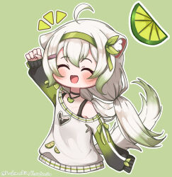 1girl absurdres ahoge animal_ears arm_up black_bra blush bra chibi choker closed_eyes clothing_cutout ferret_ears ferret_girl ferret_tail food fruit gradient_hair green_hair green_hairband green_ribbon hair_between_eyes hairband heart_cutout highres indie_virtual_youtuber jewelry koshmarrin lime_(fruit) lime_print lime_slice limealicious long_sleeves multicolored_hair necklace off-shoulder_sweater off_shoulder open_mouth ribbon smile solo sweat sweater twintails underwear vinesauce virtual_youtuber white_hair 