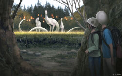  2boys backpack bag blue_pants blue_shirt day floating floating_object fox_mask green_shirt helmet lantern mask monokubo monster moss multiple_boys original outdoors pants scenery shirt standing tail tree twitter_username 