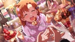  1other 4girls :d ^_^ booth_seating card_commentary chocolate closed_eyes commentary_request dutch_angle feeding food game_asset holding holding_spoon ice_cream idolmaster idolmaster_million_live! idolmaster_million_live!_theater_days long_sleeves multiple_girls official_art open_mouth orange_hair parfait pov pov_hands purple_sweater short_hair sitting smile spoon sweater third-party_source turtleneck turtleneck_sweater yabuki_kana 