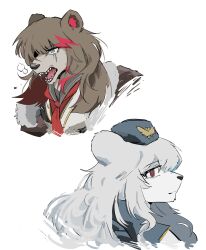  2girls absurdres animal_ears animal_nose aqua_streaks arknights bear_ears bear_girl blue_eyes blue_hat brown_hair coat colored_tips cropped_shoulders fangs fur-trimmed_coat fur_trim furrification furry furry_female hat highres long_hair mapo_ark multicolored_hair multiple_girls open_clothes open_coat open_mouth profile red_eyes red_hair rosa_(arknights) streaked_hair white_background white_hair zima_(arknights) 