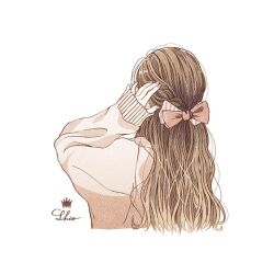  1girl adjusting_hair artist_name blonde_hair bow commentary cropped_torso from_behind hair_bow highres kotani_shio long_hair long_sleeves nail_polish original pink_bow portrait simple_background sleeves_past_wrists solo striped_bow two-tone_bow vertical-striped_bow white_background white_bow 