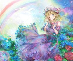  1girl blonde_hair blue_eyes blush closed_mouth clothing_request dress flower flower_request hand_in_own_hair hat hat_ribbon highres hydrangea leaf maribel_hearn medium_hair mob_cap neck_ribbon one_eye_closed purple_dress purple_ribbon rain rainbow red_ribbon ribbon smile solo standing touhou uwazumi water_drop white_hat 