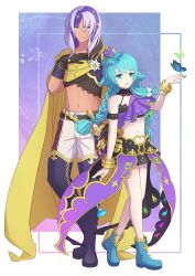  1boy 1girl aqua_boots blue_eyes blue_hair boots bracelet braid cape capelet crop_top glasses gloves gold_bracelet hat highres jewelry keith_(stella_glow) long_hair looking_at_viewer midriff miniskirt moldimolt_(stella_glow) multicolored_hair navel pants purple_capelet purple_hair shisui_alex side_capelet skirt stella_glow thigh_boots twin_braids white_hair yellow_cape 