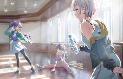  3girls :d black_jacket black_leggings bob_cut bottle brown_hair closed_mouth collared_jacket day fujishima_megumi fujishima_megumi_(post-graduation_training_wear) full_body game_asset green_eyes green_jacket grin hasu_no_daisankaku highres holding holding_bottle indoors inverted_bob jacket leggings leggings_under_skirt long_hair long_sleeves looking_at_another love_live! love_live!_hasu_no_sora_jogakuin_school_idol_club midriff miniskirt multicolored_hair multiple_girls non-web_source official_art open_clothes open_jacket open_mouth otomune_kozue otomune_kozue_(post-graduation_training_wear) pants pink_eyes pink_pants plastic_bottle polo_shirt ponytail purple_hair purple_shirt red_streaks self-datamine shirt short_hair single_bare_shoulder single_off_shoulder skirt smile streaked_hair teeth tied_shirt two-sided_fabric two-sided_jacket upper_teeth_only violet_eyes virtual_youtuber water_bottle white_hair white_pants white_skirt window window_shadow yellow_jacket yugiri_tsuzuri yugiri_tsuzuri_(post-graduation_training_wear) 
