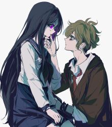  1boy 1girl absurdres alternate_eye_color amami_rantaro antenna_hair black_neckerchief blue_hair blue_sailor_collar blue_serafuku blue_skirt bracelet brown_sweater collared_shirt color_contrast danganronpa_(series) danganronpa_v3:_killing_harmony earrings from_side green_eyes green_hair hair_between_eyes hand_on_another's_face highres invisible_chair jewelry llie_137 long_hair long_sleeves looking_at_another loose_necktie multiple_piercings multiple_rings neckerchief necktie official_alternate_costume pleated_skirt ring round_eyewear sailor_collar sailor_shirt school_uniform seiza serafuku shirogane_tsumugi shirt short_hair simple_background sitting skirt sleeves_rolled_up spot_color striped_clothes striped_necktie sweater very_long_hair violet_eyes white_background winter_uniform 