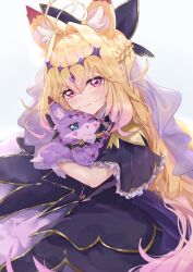  1girl absurdres animal_ears black_bow blonde_hair blue_eyes blue_hair bow commentary_request cure_arcana_shadow hair_between_eyes hair_bow highres kemonomimi_mode long_hair looking_at_viewer magical_girl mashu-tan meitantei_precure! moria_luluka nekoplanetouo one_eye_closed pink_eyes precure smile solo 