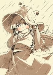  1girl absurdres blush cowboy_shot fingernails hair_ribbon hand_on_headwear hat highres igarashi_yuusuke_(wabisabi_buriki) long_hair long_sleeves moriya_suwako nose_blush rain ribbon shirt sidelocks skirt smile solo spot_color touhou vest yellow_background 