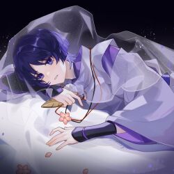  1boy armor black_background blunt_ends cherry_blossoms choppy_bangs crying crying_with_eyes_open curled_fingers eyeliner feathers fingernails flower genshin_impact highres himalayas0 holding japanese_armor japanese_clothes kariginu kote kurokote layered_sleeves long_sleeves looking_at_viewer lying makeup male_focus on_side open_hand parted_lips pink_flower pink_lips pom_pom_(clothes) purple_hair purple_sash purple_sleeves red_eyeliner sash scaramouche_(genshin_impact) scaramouche_(kabukimono)_(genshin_impact) see-through_clothes see-through_veil solo string tears twitter_username veil violet_eyes white_mouth white_sleeves white_veil wide_sleeves yellow_feathers 
