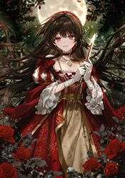  1girl absurdres bare_shoulders black_choker bow brown_hair choker collarbone dagger dress earrings fence floating_hair flower forest frilled_sleeves frills full_moon glint gloves hairband highres holding holding_dagger holding_knife holding_weapon jewelry knife lace_trim long_hair long_sleeves looking_at_viewer moon nature necklace night nnapeu off-shoulder_dress off_shoulder original outdoors parted_lips pendant_choker petals pink_eyes puffy_sleeves red_bow red_dress red_eyes red_flower red_hairband red_rose rose smile solo standing two-tone_dress very_long_hair weapon white_gloves wide_sleeves 