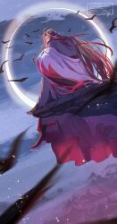  1boy ahoge bird black_bird black_boots black_hanfu blurry blurry_foreground boots brown_hair chenqing_flute chinese_clothes clouds coat coat_partially_removed crescent_moon crow dizi english_commentary fighting_stance flute flute_tassel full_body full_moon glowing glowing_eyes grandmaster_of_demonic_cultivation grey_coat hair_down hair_ribbon half_updo hanfu highres holding holding_flute holding_instrument holding_weapon instrument light_particles long_hair long_sleeves looking_at_viewer looking_back male_focus manjyuya100 moon mountain night off_shoulder open_clothes open_coat outdoors playing_flute playing_instrument red_eyes red_hair red_ribbon ribbon robe rock sidelocks sitting sky solo tassel transverse_flute twitter_username very_long_hair watermark weapon wei_wuxian wei_wuxian_(yiling_laozu) wide_sleeves 