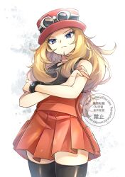  1girl bare_shoulders black_shirt black_thighhighs blonde_hair breasts closed_mouth commentary_request crossed_arms eyewear_on_headwear frown hat long_hair looking_at_viewer mega_ring pink_hat pokemon pokemon_x_and_y red_hat red_skirt serena_(pokemon) shirt skirt sleeveless sleeveless_shirt solo sunglasses thigh-highs white-framed_eyewear yomogi_(black-elf) zettai_ryouiki 