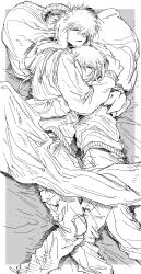  2boys absurdres adoptive_siblings animal_ears arms_around_another's_waist asriel_dreemurr bed_sheet blanket border brothers closed_eyes closed_mouth commentary_request cuddling deltarune drawstring feet_out_of_frame fluffy_hair goat_boy goat_ears goat_horns greyscale head_on_another's_shoulder highres hood hood_down hoodie horns hug humanization korean_commentary kris_(deltarune) leg_between_thighs light_frown long_sleeves lying male_focus medium_hair monochrome multiple_boys my_nameisyoon on_bed on_side outside_border pants pillow shared_bed shared_blanket short_hair siblings sleeping sleeping_together striped_clothes striped_sweater sweater utdr_(toby_fox) white_border 