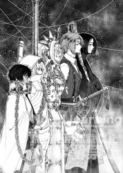  2boys 3girls albina_(project_moon) armor armored_dress belt black_eyes black_hair black_hakama black_necktie black_skirt black_thighhighs bow cape chain chain_around_arm collar collared_shirt commentary_request covered_mouth cuffs-to-collar cyborg dress facing_to_the_side glasses grey_background grey_hair greyscale hair_bow hakama hands_in_pockets height_difference highres holding holding_sword holding_weapon hood hood_up hoodie jacket japanese_clothes kira_(project_moon) limbus_company lineup long_sleeves lucio_(project_moon) metal_collar miniskirt monochrome multiple_boys multiple_girls necktie ootachi pants parade_rest ponytail project_moon ren_(project_moon) robot_girl round_eyewear sharp_teeth shirt short_hair side-by-side skirt smile sora_(project_moon) spiked_dress spiked_helmet spikes standing string suspenders sword sword_on_back sword_tassel tassel teeth thigh-highs turtleneck vest vtvsqazjjguhfrd weapon weapon_on_back weapon_tassel white_cape white_hair white_hoodie white_shirt 
