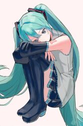  1girl absurdres aqua_eyes aqua_nails bare_shoulders black_boots black_skirt boots commentary detached_sleeves expressionless grey_shirt hair_between_eyes hatsune_miku highres hugging_own_legs long_hair miniskirt miyononon number_tattoo pleated_skirt shirt shoulder_tattoo sitting skirt sleeveless sleeveless_shirt solo tattoo thigh_boots twintails very_long_hair vocaloid 