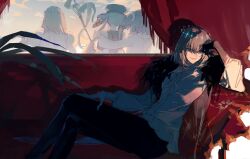  1boy absurdres arthropod_boy arthropod_limbs artoria_caster_(fate) artoria_pendragon_(fate) blue_eyes crown diamond_hairband fate/grand_order fate_(series) feet_out_of_frame fujimaru_ritsuka_(female) fur_trim grey_hair highres long_sleeves male_focus medium_hair oberon_(fate) oberon_(third_ascension)_(fate) painting_(object) plant qiminghaonan99820 shirt sitting smile solo white_shirt wings 