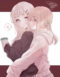  2girls absurdres black_sweater blonde_hair blue_eyes closed_mouth commentary cowboy_shot cup disposable_coffee_cup disposable_cup eye_contact from_side front-to-back grey_hair heart highres holding holding_cup hood hood_down hoodie letterboxed long_hair looking_at_another looking_to_the_side multiple_girls original outside_border ponytail pout speech_bubble spoken_heart squiggle standing sweater thought_bubble turning_head user_kunz3885 white_background white_hoodie yuri 