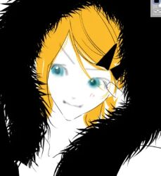  1girl alternate_costume aqua_eyes art_program_in_frame bare_shoulders blonde_hair blush closed_mouth collarbone fur-trimmed_hood fur_trim hair_ornament hairclip hand_up hood hood_up kagamine_rin limited_palette looking_to_the_side lowres parallel_hairclips portrait screenshot short_hair smile solo swept_bangs unfinished v-shaped_eyebrows vocaloid yelimi2026 