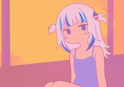  1girl absurdres alternate_costume blue_dress blue_eyes blue_streaks closed_mouth commentary dot_nose dress gawr_gura hair_ornament highres hololive hololive_english knees_up looking_at_viewer multicolored_hair notnox shark_hair_ornament sitting solo streaked_hair style_request upper_body white_hair yellow_background 