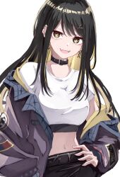  1girl absurdres bang_dream! bang_dream!_our_notes belt black_belt black_choker black_hair blonde_hair breasts choker colored_inner_hair commentary ear_piercing earrings fangs hair_ornament hand_on_own_hip highres jacket jewelry large_breasts looking_at_viewer midriff multicolored_hair navel nuruponnu open_mouth piercing purple_jacket shirt short_sleeves simple_background solo suga_raika teeth upper_teeth_only white_background white_shirt x_hair_ornament yellow_eyes 