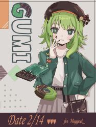  1girl absurdres bag belt beret black_bag black_belt blush brown_hat brown_nails candy character_name chocolate chocolate_bar closed_mouth dated english_text food green_eyes green_hair green_jacket grey_skirt gumi hand_on_own_cheek hand_on_own_face hand_on_own_hip handbag hat heart highres jacket light_smile looking_at_viewer nyama_grape open_clothes open_jacket ringed_eyes shirt short_hair skirt smile solo v-neck valentine vocaloid white_shirt 