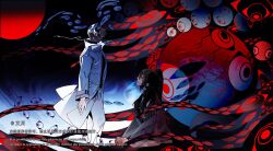  1boy 1girl black_hair blonde_hair coat from_side high_ponytail highres lee_hakhyun long_hair looking_at_another namgung_myeong nicayuko omniscient_reader's_viewpoint open_clothes open_coat ponytail popped_collar short_hair sitting standing too_many_eyes white_coat 