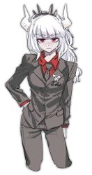  1girl :| arm_at_side black_hairband black_jacket black_necktie black_pants blunt_bangs blush breasts buttons ceitama_oppai closed_mouth collared_shirt commentary contrapposto cropped_legs demon_girl demon_horns english_commentary expressionless gloves hairband hand_on_own_hip helltaker horns jacket jitome layered_sleeves long_hair looking_at_viewer low-tied_long_hair lucifer_(helltaker) necktie nose_blush pale_skin pants red_eyes red_shirt ringed_eyes shirt sidelocks simple_background sketch small_breasts solo spiked_hairband spikes white_background white_gloves white_hair white_horns 