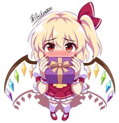  1girl ascot blonde_hair blush bow box collared_shirt commentary crystal crystal_wings embarrassed flandre_scarlet frilled_shirt_collar frilled_skirt frills full_body gift gift_box hair_bow highres holding holding_gift looking_at_viewer missing_headwear multicolored_wings one_side_up pleated_skirt red_bow red_eyes red_nails red_shoes red_skirt red_vest shadow shgngzhngdeyti1 shirt shoes simple_background skirt skirt_set solo thigh-highs touhou vest white_background white_shirt white_thighhighs wings yellow_ascot 