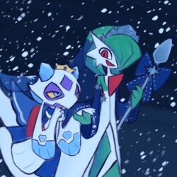  2girls artist_name blue_eyes bob_cut colored_sclera colored_skin crown detached_sleeves dress froslass froslass_(royal_winter) gardevoir gardevoir_(royal_winter) green_hair green_skin hair_over_one_eye highres holding holding_hands holding_spoon multicolored_skin multiple_girls pokemon pokemon_(creature) pokemon_cafe_remix red_eyes reimarianexists smile snow snowing spoon tiara two-tone_skin veil white_dress white_skin yellow_sclera 