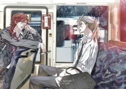  2boys ahoge alternate_costume bag black_bag brown_hair commentary green_eyes green_necktie grey_eyes grey_jacket grey_pants hair_between_eyes head_on_hand highres holding holding_removed_eyewear hoshi_129 indoors jacket kanae_(nijisanji) lauren_iroas long_hair long_sleeves looking_at_another male_focus mole mole_under_eye multiple_boys necktie nijisanji open_mouth pants ponytail rain red_hair red_necktie shirt short_sleeves sitting train_interior untranslatable_commentary unworn_eyewear virtual_youtuber white_shirt 