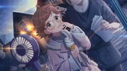  1boy 1other 2girls ahoge bespectacled blurry blurry_foreground brown_hair building card_commentary coat commentary_request dusk dutch_angle food game_asset glasses green_eyes hair_ornament hairclip hand_up holding holding_food holding_ice_cream holding_ice_cream_cone ice_cream ice_cream_cone idolmaster idolmaster_million_live! idolmaster_million_live!_theater_days kinoshita_hinata long_sleeves multiple_girls official_alternate_costume official_alternate_hairstyle official_art out_of_frame outdoors pink_coat round_eyewear short_hair third-party_source 