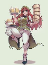  1girl beer_mug beret bowl braid china_dress chinese_clothes cup dress embodiment_of_scarlet_devil green_eyes green_hat green_vest hat hat_ornament highres holding holding_bowl hong_meiling kaden_(muxt8423) long_hair meiling_day mug pants pointy_ears red_hair rice_bowl short_sleeves standing standing_on_one_leg star_(symbol) star_hat_ornament touhou tray twin_braids vest white_pants 