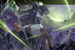  1girl absurdres black_hair black_jacket bone bow bowtie braid brown_jacket cartoon_bone colored_skin commission commissioner_upload extra_arms eyepatch flat_chest grey_skin hair_over_one_eye hat highres holding holding_staff jacket long_sleeves monster_girl necromancer night non-web_source original pants pointy_ears puffy_long_sleeves puffy_sleeves purple_bow purple_bowtie saliva shichigatsu single_braid skeb_commission skeletal_arm skeletal_hand solo staff stapled stapled_face undead valkrana white_pants witch_hat wizard 