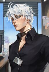  1boy absurdres black_choker black_shirt blue_eyes buttons cayadraws choker closed_mouth collared_shirt commentary computer english_commentary highres honkai:_star_rail honkai_(series) id_card indoors looking_to_the_side male_focus monitor neck_tattoo open_collar phainon_(honkai:_star_rail) shirt short_hair shutter_shades sideways_glance solo sun_symbol sun_tattoo table tattoo upper_body white_hair wing_collar 