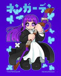  1girl black_boots black_coat blue_background boots coat commentary dress fern_(sousou_no_frieren) full_body highres holding holding_staff long_hair purple_hair solo sousou_no_frieren staff thomdrower violet_eyes white_dress 