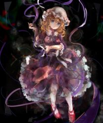  1girl black_ribbon blonde_hair blue_eyes bow collared_dress commentary_request contrast_collar dress frilled_dress frilled_shirt_collar frilled_sleeves frills hat highres long_hair maribel_hearn mob_cap neck_ribbon open_mouth purple_dress red_shoes ribbon sash shoes socks solo touhou uwazumi waist_bow white_bow white_hat white_sash white_socks 