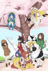  6+girls black_hair blonde_hair blue_hair brown_hair cherry_blossoms eating futatsuiwa_mamizou gap_(touhou) gohei hair_ornament hakurei_reimu hieda_no_akyuu highres kawashiro_nitori kirisame_marisa leaf_hair_ornament motoori_kosuzu multiple_girls purple_hair shameimaru_aya shameimaru_aya_(newsboy) tatutaniyuuto touhou yakumo_yukari 