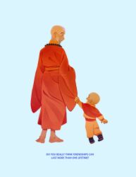  2boys aang absurdres arrow_(symbol) arrow_tattoo avatar:_the_last_airbender avatar_legends bald blue_tattoo forehead_tattoo gyatso_(avatar) head_tattoo highres male_focus monk multiple_boys old old_man poodpoopsie tattoo teacher_and_student 