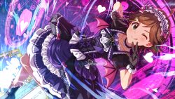  1girl :q ;) ;q black_gloves brown_hair card_commentary commentary_request demon_horns demon_wings double_w dress dutch_angle fake_horns frilled_dress frilled_hairband frills game_asset gloves green_eyes hairband hands_up heart horn_hairband horns idolmaster idolmaster_million_live! idolmaster_million_live!_theater_days kinoshita_hinata leg_up looking_at_viewer official_alternate_costume official_alternate_hairstyle official_art one_eye_closed purple_dress short_hair smile solo standing standing_on_one_leg third-party_source tongue tongue_out w wings 