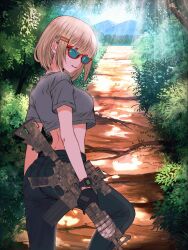  1girl aqua-tinted_eyewear artist_name assault_rifle black_pants blonde_hair cimol95 colt_commando cropped_shirt dappled_sunlight denim forest grey_shirt gun highres holding holding_weapon jeans looking_at_viewer looking_back nature original outdoors pants rifle shirt short_hair smile solo standing sunlight tinted_eyewear tree walking watch watch weapon 