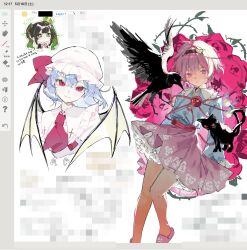  3girls 5swcf1iy8k31657 animal art_program_in_frame ascot bat_wings blue_hair blue_shirt character_request commentary_request disembodied_linked_eye eyeball floral_background floral_print hair_ornament hat hat_ribbon heart heart_hair_ornament highres kaenbyou_rin kaenbyou_rin_(cat) komeiji_satori long_sleeves looking_at_viewer mob_cap multiple_girls pink_eyes pink_hair pink_skirt pink_slippers portrait red_ascot red_eyes reiuji_utsuho reiuji_utsuho_(bird) remilia_scarlet ribbon shirt short_hair skirt slippers slit_pupils smile touhou white_background white_shirt wide_sleeves wings 