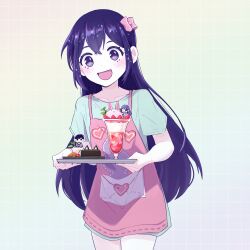  1girl :d apron aubrey_(headspace)_(omori) aubrey_(omori) bare_arms blush bow character-themed_food collarbone colored_skin commentary_request cowboy_shot cup dendenmushi1064 double-parted_bangs dress food fruit glass grey_dress grid_background hair_between_eyes hair_bow heart heart_in_eye heart_print highres holding holding_tray ice_cream leaf long_hair looking_at_viewer mewo no_pupils official_alternate_costume omori omori_(omori) open_mouth pink_apron pink_bow purple_hair short_dress short_sleeves simple_background smile solo sparkle sparkling_eyes standing straight_hair strawberry strawberry_slice sundae symbol_in_eye tongue tray very_long_hair violet_eyes white_skin wide-eyed 