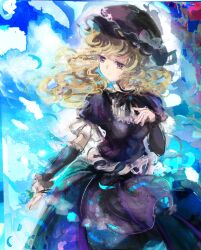  1girl alternate_costume alternate_headwear black_ribbon black_sleeves blonde_hair bow closed_mouth clothing_request commentary_request detached_sleeves dress flower flower_request frills hat hat_bow highres holding holding_flower long_hair maribel_hearn mob_cap neck_ribbon petals puffy_short_sleeves puffy_sleeves purple_dress purple_hat ribbon short_sleeves solo touhou uwazumi violet_eyes white_bow 