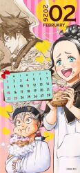  1girl 2026 2boys animal_on_shoulder arm_sling asta_(black_clover) bird bird_on_shoulder black_bulls_(emblem) black_capelet black_clover black_hair blue_eyes calendar_(medium) capelet charmy_pappitson eating food green_eyes grey_hair highres holding holding_food multiple_boys nero_(black_clover) official_art open_mouth tabata_yuuki teeth upper_teeth_only yuno_(black_clover) 